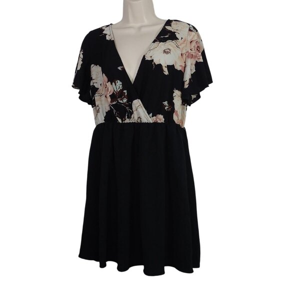 Emery Rose Black Floral Surplice Vneck Dress Women Size OXL 12 Flutter Sleeves - Picture 1 of 9